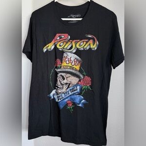 Poison '80s Hair Metal Band Skull Flaming Top Hat Every Rose Thorn T-shirt M